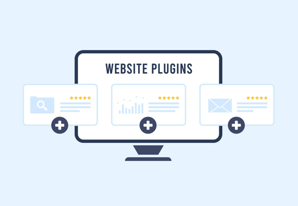 Light blue graphic with an illustration of a computer monitor with dark blue text on the screen that says "Website Plugins"