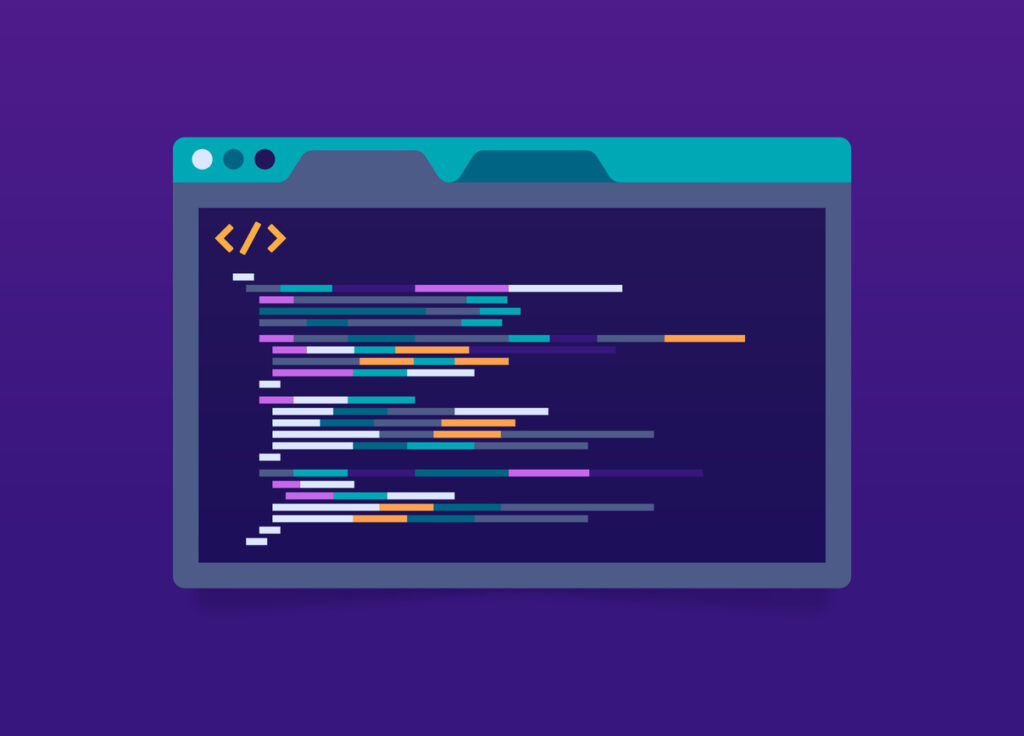 Purple graphic with a colorful illustration of html code on a web page