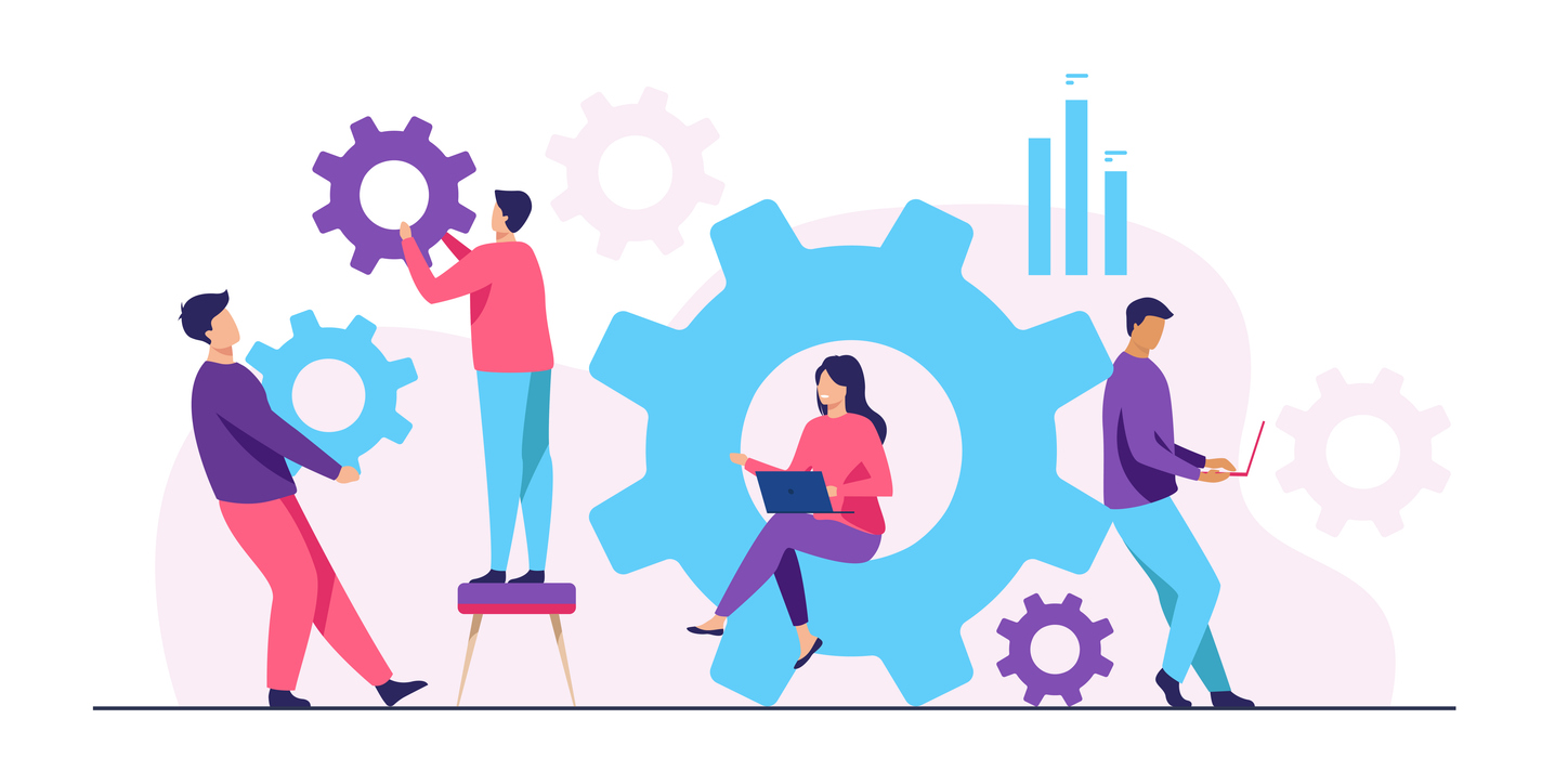 A team working on a cogwheel mechanism together with a female working on a laptop in the middle illustration