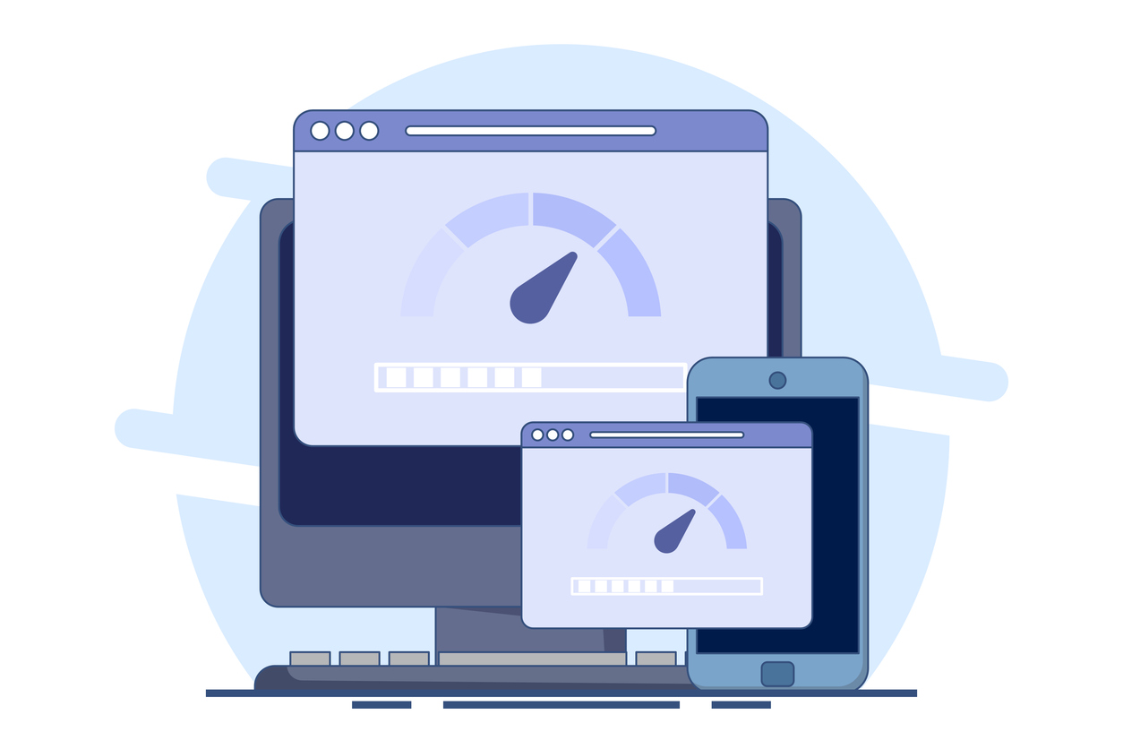 White background with an illustration of a computer running a site speed test