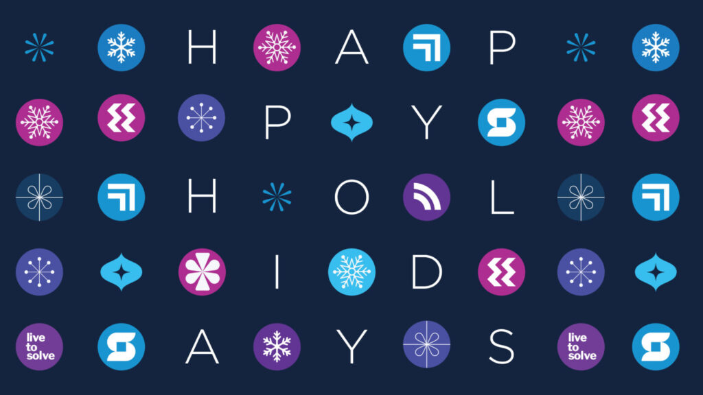 graphic with the words Happy Holidays among small blue, punk and purple circular icons