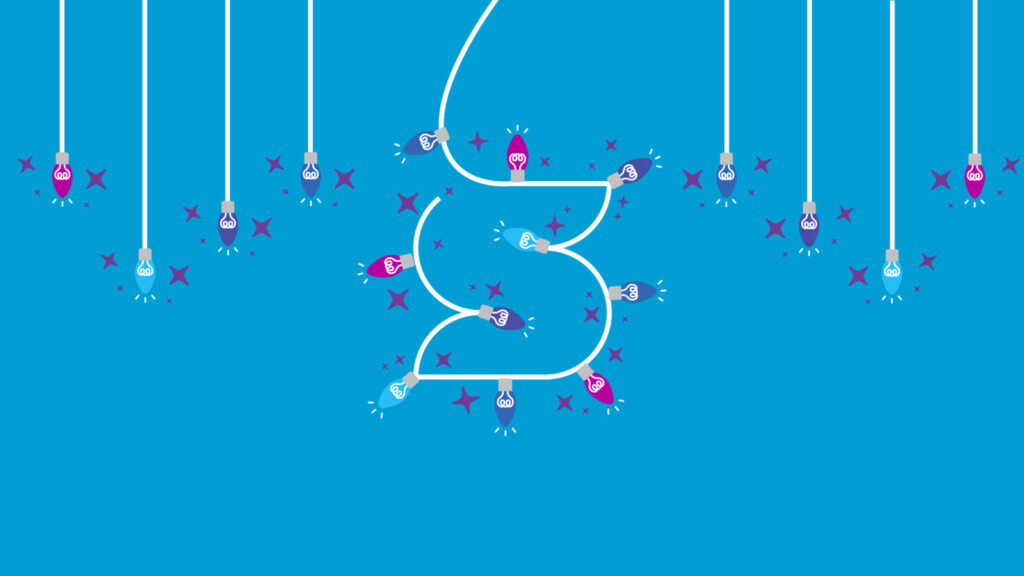 blue graphic with pink, purple, blue light bulbs hanging around a white outline of an S