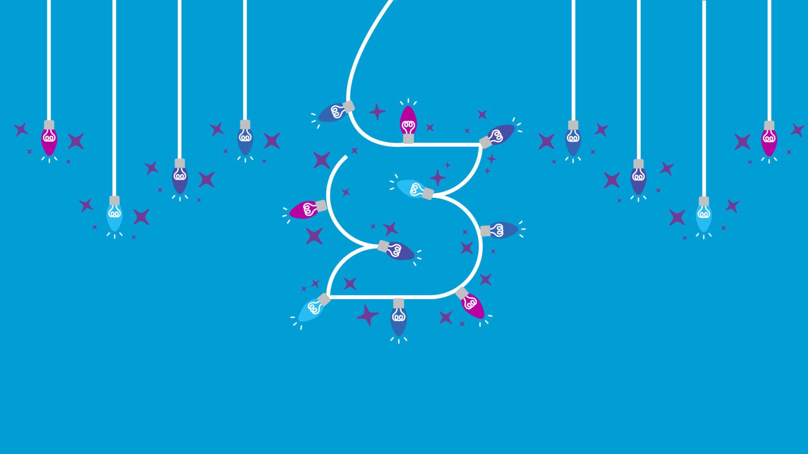 blue graphic with pink, purple, blue light bulbs hanging around a white outline of an S